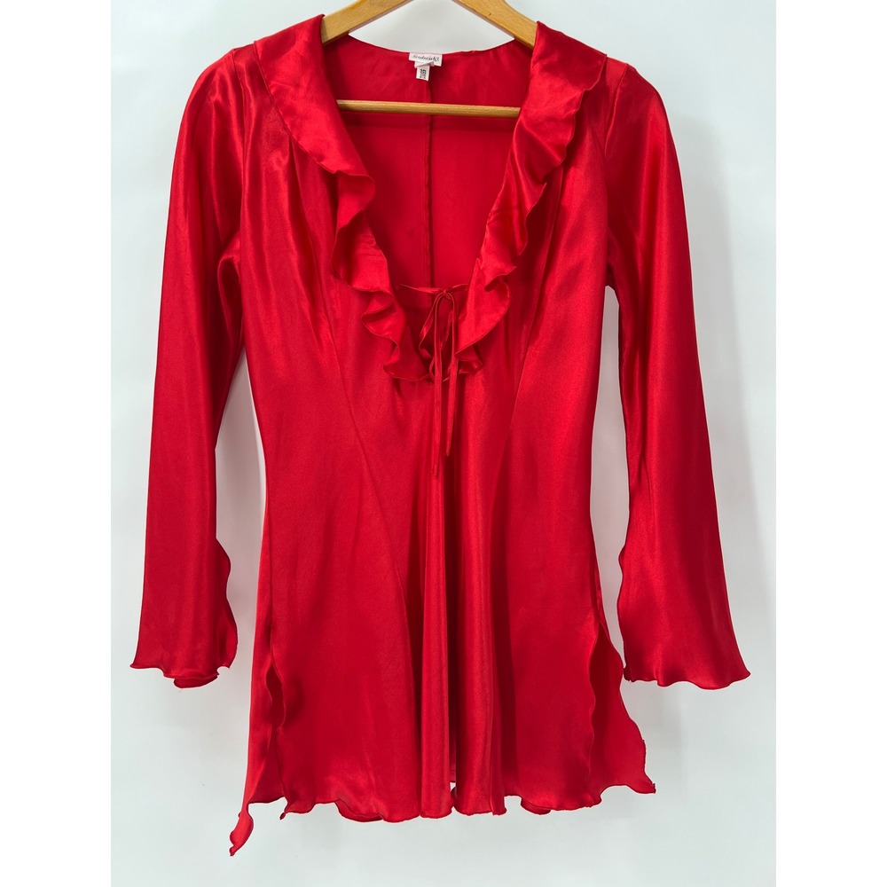 Vtg Women's Red Satin Blouse Ruffles Romantic Whimsigoth Devilcore‎ Vampire